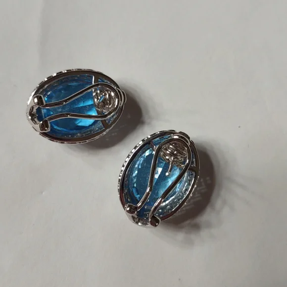 Hold For Sara- Blue Topaz earrings 14kt white gold, channel set diamonds, French - Picture 6 of 9